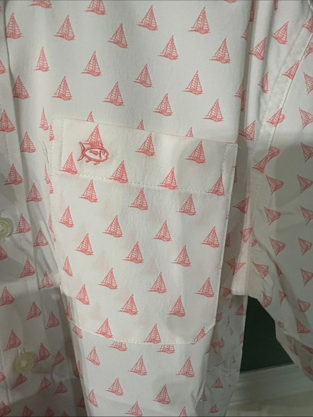 Southern Tide White Short-Sleeve Button-Down Shirt with Pink Sail Print